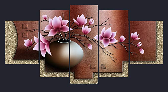 Deehong Art - Magnolia Flower Abstract Modern Oil Painting on Canvas 5pcs Wall Art Deco Home Decoration