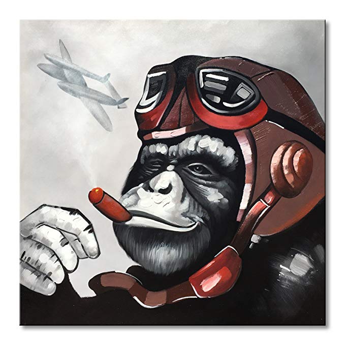 EVERFUN ART Everfun Pilot Gorilla Monkey Canvas Wall Art Abstract Animal Oil Painting Handmade Framed Modern Artwork Home Decoration Living Room Ready to Hang 32x32