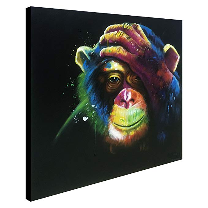 Everfun Hand Painted Abstract Monkey Oil Painting Canvas Wall Decor Modern Thinking Animal Art Black Gorilla Artwork Decoration Framed Ready to Hang 32x32