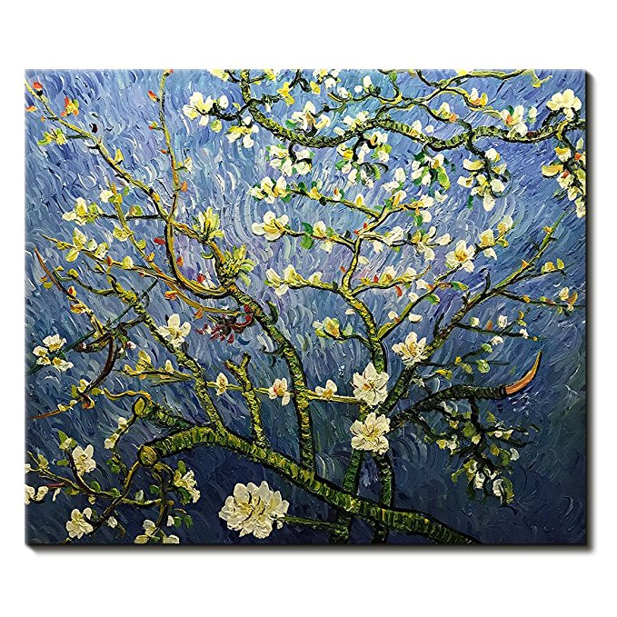 Amei Art Paintings-24x36 Inch Almond Blossom Tree Van Gogh Famous Oil Paintings Reproduction Art Flower Artwork 3D Hand-Painted on Canvas Modern Home Decor Wall Art Wood Inside Framed Ready to Hang