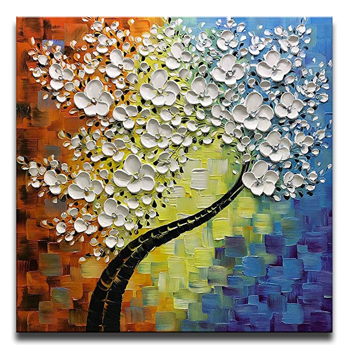 Asdam Art - Square Tree 3D paintings Hand Painted Framed Oil Painting On Canvas Modern Home Decor Abstract Wall Art For Living Room Bedroom Dinningroom Bathroom Office Hotel Artwork (32x32inch)