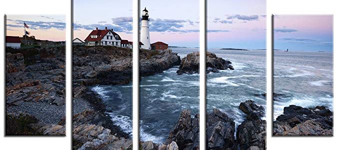 QICAI Wall Art Painting for Home Decor 5 Panels Portland Head Light at Sunrise Maine Island Coastal Lighthouse Landscape Pictures Stretched and Framed Canvas for Home Decor,5pcs/set Review