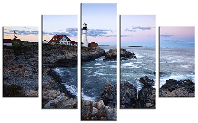 QICAI Wall Art Painting for Home Decor 5 Panels Portland Head Light at Sunrise Maine Island Coastal Lighthouse Landscape Pictures Stretched and Framed Canvas for Home Decor,5pcs/set