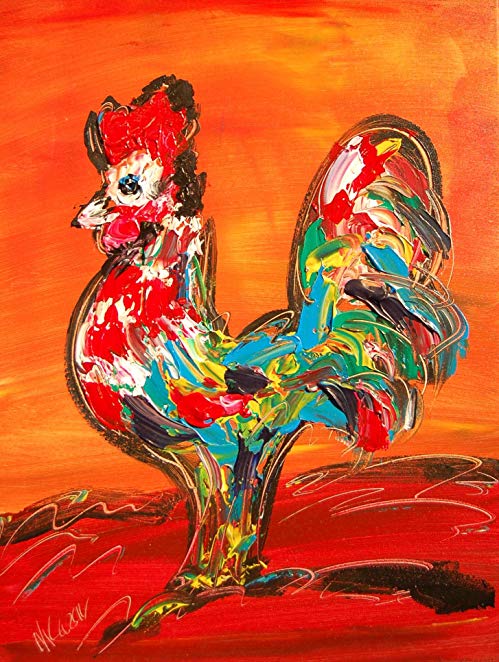 Rooster Art Impasto Custom Painting - Modern Abstract Impressionist Art Deco - Oil Painting on Canvas- Signed with Certificate of Authenticity-size 20 X 24, Fine Arts, Stretched - Gallery Wrap - Ready to Display