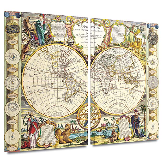 ArtWall Samuel Dunn 'Mappe Monde Carte Universelle De La Terre Dressee' 2-Piece Gallery Wrapped Canvas Artwork, 32 by 48-Inch