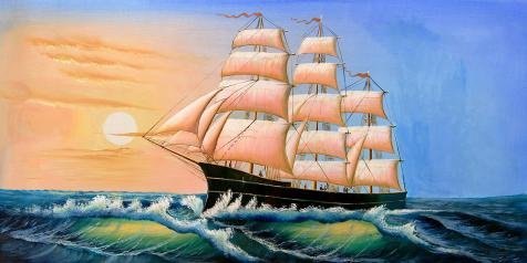 The Polyster Canvas Of Oil Painting 'a Sailing Ship On The Blue Ocean' ,size: 18x36 Inch / 46x91 Cm ,this Reproductions Art Decorative Prints On Canvas Is Fit For Home Office Decor And Home Artwork And Gifts