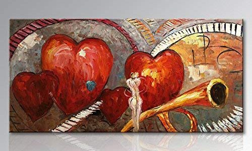 Hand Painted Textured Music Oil Painting on Canvas Red Heart in Love Modern Musical Wall Art Abstract Artwork Unframed 60×30 inch Review