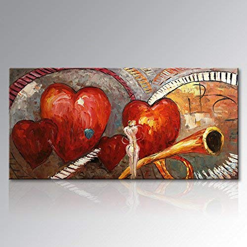 Hand Painted Textured Music Oil Painting on Canvas Red Heart in Love Modern Musical Wall Art Abstract Artwork Unframed 60x30 inch