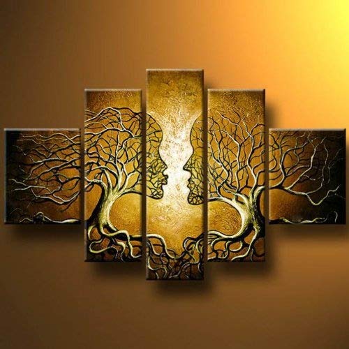 Wieco Art 5 Panels 100% Hand Painted Abstract Oil Paintings on Canvas Wall Art Ready to Hang for Living Room Bedroom Home Decor Brown Human Tree Large Modern Gallery Wrapped Love People Artwork L