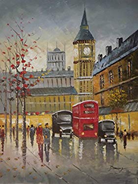 Real Hand Painted London Bus and Tower Cityscape Canvas Oil Painting for Home Wall Art Decoration, Not a Print/ Giclee/ Poster, FRAMED, READY TO HANG