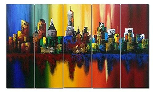 Wieco Art Summer in The City Large 5 Piece Modern Abstract Colorful Landscape Artwork 100% Hand Painted Stretched and Framed Oil Paintings on Canvas Wall Art for Living Room Home Decorations Review