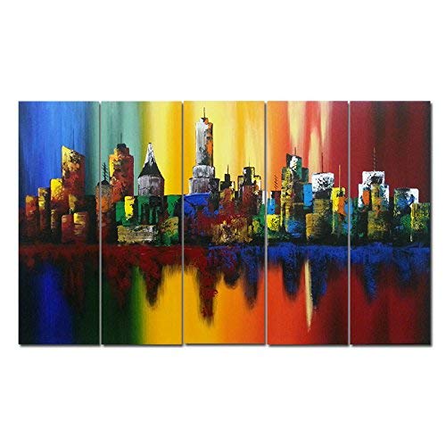 Wieco Art Summer in The City Large 5 Piece Modern Abstract Colorful Landscape Artwork 100% Hand Painted Stretched and Framed Oil Paintings on Canvas Wall Art for Living Room Home Decorations