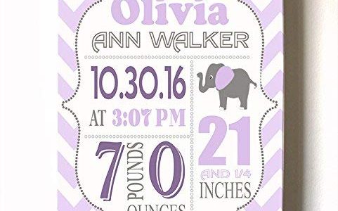 Personalized Stretched Canvas Birth Announcement Gift, Custom Baby Name, Date, Weight Stats, Newborn Elephant Nursery Wall Art Decor, 100% Wooden Frame Construction, Ready To Hang 12X16 Review