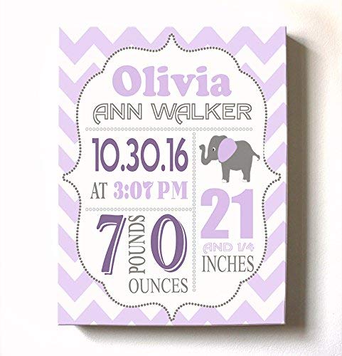 Personalized Stretched Canvas Birth Announcement Gift, Custom Baby Name, Date, Weight Stats, Newborn Elephant Nursery Wall Art Decor, 100% Wooden Frame Construction, Ready To Hang 12X16