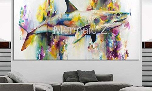 Mermaid Art Hand-painted Graphics Modern Wall Art On Canvas Animal Oil Painting Colorful white shark Pictures Room Decor Review