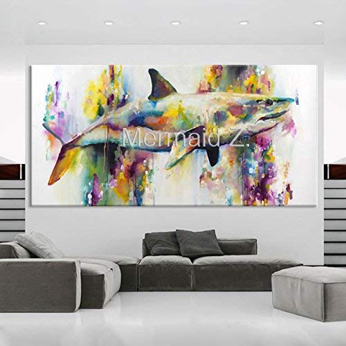 Mermaid Art Hand-painted Graphics Modern Wall Art On Canvas Animal Oil Painting Colorful white shark Pictures Room Decor