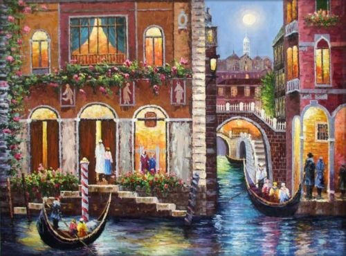 100% Hand Painted Venice Waterway and Gondolas Canvas Oil Painting for Home Wall Art by Well Known Artist, Framed, Ready to Hang