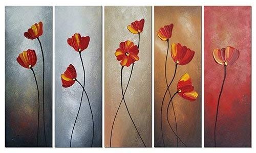 Wieco Art 5 Piece Floral Oil Paintings on Canvas Wall Art Ready to Hang for Living Room Bedroom Home Decorations Large Red Petals Modern 100% Hand Painted Wrapped Contemporary Flowers Artwork Review