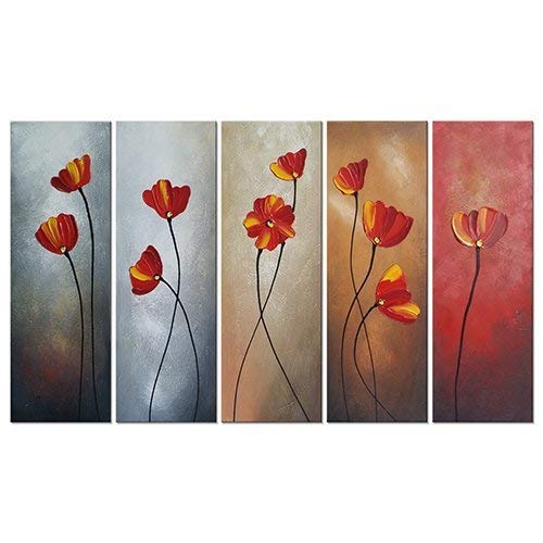 Wieco Art 5 Piece Floral Oil Paintings on Canvas Wall Art Ready to Hang for Living Room Bedroom Home Decorations Large Red Petals Modern 100% Hand Painted Wrapped Contemporary Flowers Artwork