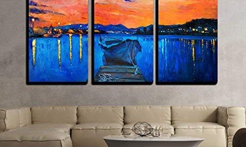 wall26-3 Piece Canvas Wall Art – Original Oil Painting of Boat and Jetty(Pier) on Canvas.Rich Golden Sunset over Ocean – Modern Home Decor Stretched and Framed Ready to Hang – 24″x36″x3 Panels Review