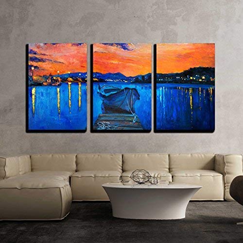 wall26-3 Piece Canvas Wall Art - Original Oil Painting of Boat and Jetty(Pier) on Canvas.Rich Golden Sunset over Ocean - Modern Home Decor Stretched and Framed Ready to Hang - 24