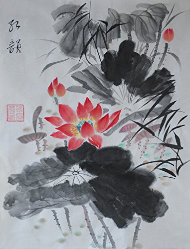 Jiangnanruyi Art Lotus Flower Original Hand Painted Artwork Unframed Chinese Brush Ink and Wash Watercolor Painting Decor for Office Living Room Bedroom (36×27inch, Artwork-11)