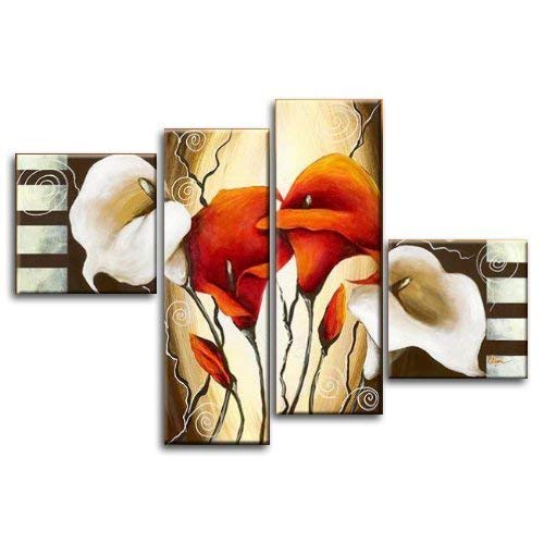 Wieco Art 4-Piece Scents of Callas Stretched and Framed Hand-Painted Modern Floral Oil Paintings on Canvas Wall Art Set, Set 2