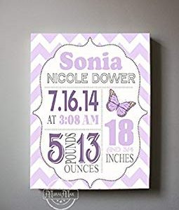 Personalized Stretched Canvas Birth Announcement Gift, Custom Baby Name, Date, Weight Stats, Newborn Nursery Butterfly Wall Art Decor, 100% Wooden Frame Construction, Ready To Hang 16X20 Review