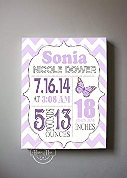 Personalized Stretched Canvas Birth Announcement Gift, Custom Baby Name, Date, Weight Stats, Newborn Nursery Butterfly Wall Art Decor, 100% Wooden Frame Construction, Ready To Hang 16X20