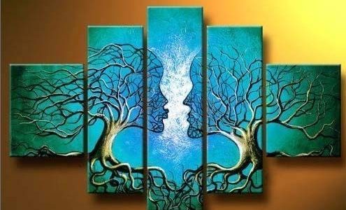 Wieco Art 5 Panels Abstract Oil Paintings on Canvas Wall Art for Living Room Kitchen Home Office Decor Blue Tree Human Body Large Modern 100% Hand Painted Gallery Wrapped Contemporary Artwork L Review