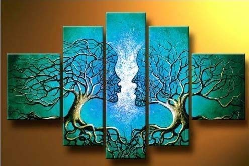 Wieco Art 5 Panels Abstract Oil Paintings on Canvas Wall Art for Living Room Kitchen Home Office Decor Blue Tree Human Body Large Modern 100% Hand Painted Gallery Wrapped Contemporary Artwork L