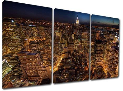 Mon Art 16x24 Inch x3 Pics Overlook City Night Canvas Oil Painting Wall Art Modern Canvas Decor Abstract Paintings on Canvas Buildings Stretched and Framed Ready to Hang