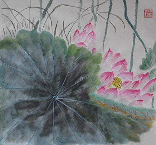 Jiangnanruyi Art Lotus Flower Original Hand Painted Artwork Unframed Chinese Brush Ink and Wash Watercolor Painting Drawing Decorations Decor for Office Living Room Bedroom (26×25inch, Artwork-01)