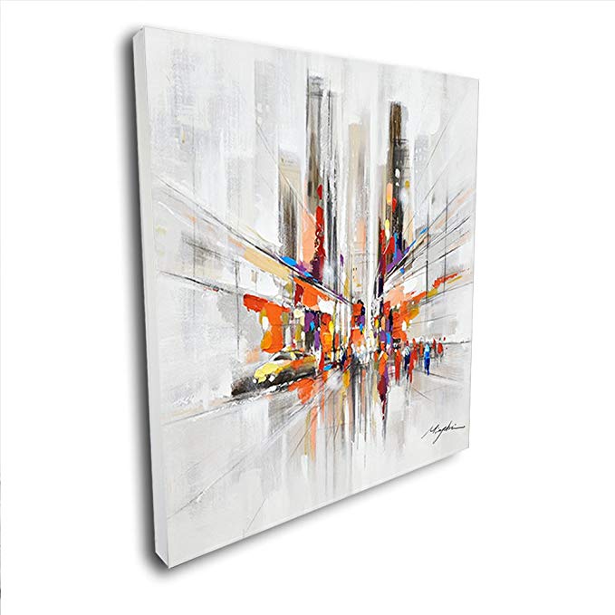 Pinetree Art Modern City Street View Abstract Wall Art Livingroom, Original Designed Canvas Painting (36 x 36 inch, A Framed)