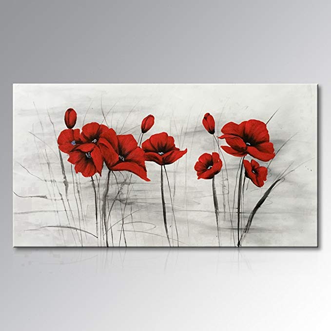 Everfun Art Oil Painting on Canvas Red Flower Abstract Artwork Hand Painted Floral Wall Art for Home Decoration Framed Ready to Hang (40