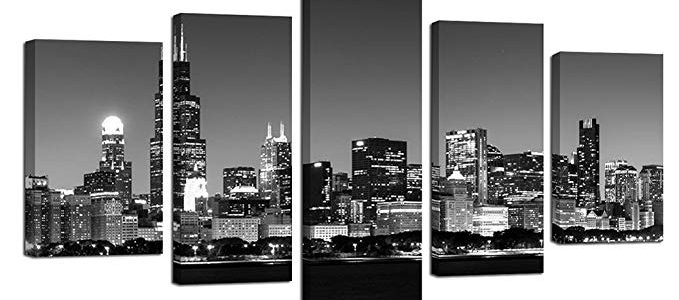 Ardemy Canvas Wall Art Painting Modern Chicago City Night View Skyline Black and White Large Size 5 Panels/Set, Art Prints Easy to Hang Gallery Wrapped Picture Designs for Home and Office Decorations Review