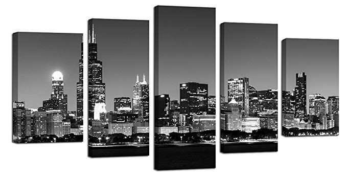 Ardemy Canvas Wall Art Painting Modern Chicago City Night View Skyline Black and White Large Size 5 Panels/Set, Art Prints Easy to Hang Gallery Wrapped Picture Designs for Home and Office Decorations