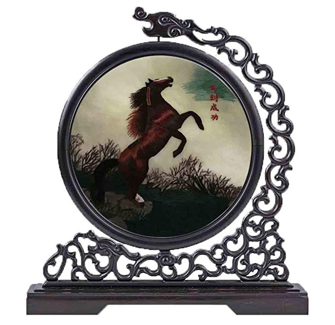 100% Handmade Double-sided Screen Embroidery 32cm High , Horse Animal Embroidery Oriental Wooden Silk Art Suzhou Embroidery With Brocade Box , As Hotel Decorative Gift SMAS043