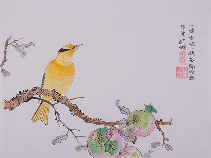 Jiangnanruyi Art Bird Tree Original Hand Painted Artwork Unframed Chinese Brush Ink and Wash Watercolor Painting Decorations Decor for Office Living Room Bedroom (36×27inch, Troupial&Pomegranate)