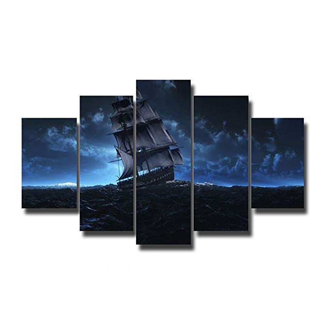 Earth Village Art-5 Panels Sailing boat in the storm Canvas Wall Art London Bridge Landscape Pictures Paint on Canvas Painting for Home Kitchen Decorative(With Framed)