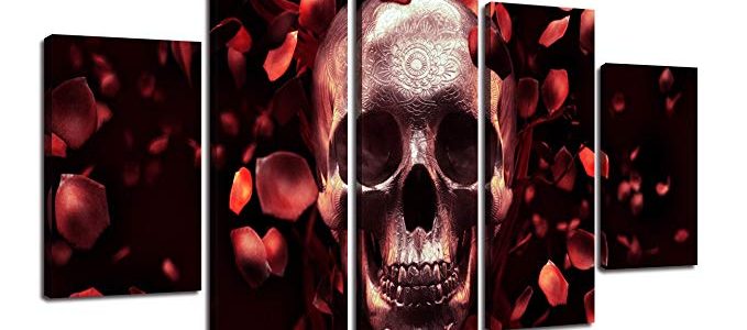 Canvas Red Rose Petal Wall Art Sugar Skull Feature Painting,Day of The Dead Contemporary Pictures Abstract Artwork Framed Decor for Living Room 5 Pieces Stretched Ready to Hang (60”Wx40”H) Review