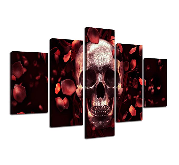 Canvas Red Rose Petal Wall Art Sugar Skull Feature Painting,Day of The Dead Contemporary Pictures Abstract Artwork Framed Decor for Living Room 5 Pieces Stretched Ready to Hang (60''Wx40''H)