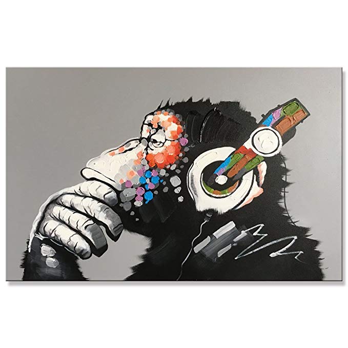 UAC WALL ARTS Texture Animals Oil Paintings 100% Hand Painted Cute Listen to Music Gorilla Canvas Pictures for Living Room Wall Decor