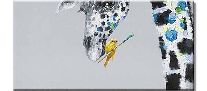 Cute Giraffe Hand Painted Oil Painting Animal and Birds Painting on Canvas with Stretched Frame Artwork,Ready to Hang 24X36 Inch Review