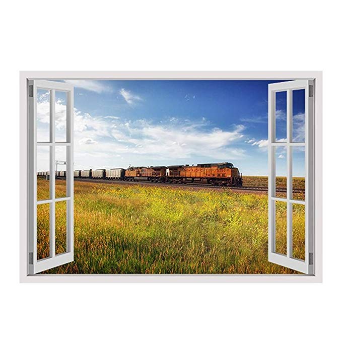 Alonline Art - Scenic Train On Railroad Fake 3D Window Framed Stretched Canvas (100% Cotton) Gallery Wrapped - Ready to Hang | 34