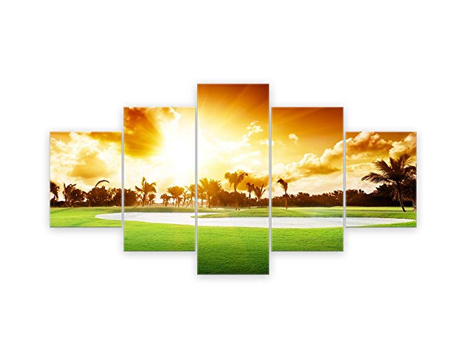 AMEMNY Large Painting on Canvas Modern Wall Art Rainbow Sunshine Golf Course Landscape Posters and Artwork 5 Panel HD Prints Pictures for Living Room Decor Framed Stretched Ready to Hang