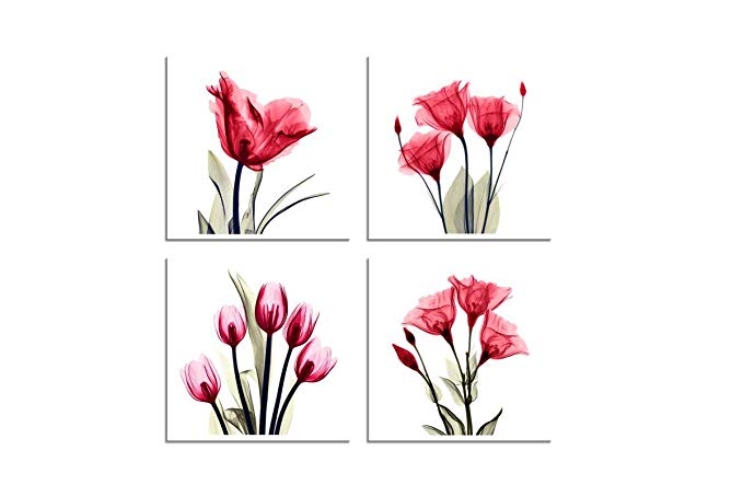 Red Color Tulip Canvas Wall Art Stretched and Framed HLJ Painting Easy to Hang for Bedroom Living Room 16x16in