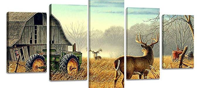 Ardemy Canvas Wall Art Rustic Landscape Cottage Reeindeer Animal Wildlife Painting 5 Pieces/Set, Vintage Pictures Framed Ready to Hang for Bedroom Living Room Kitchen Home Office Interior Decor Review