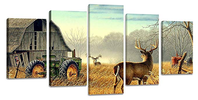 Ardemy Canvas Wall Art Rustic Landscape Cottage Reeindeer Animal Wildlife Painting 5 Pieces/Set, Vintage Pictures Framed Ready to Hang for Bedroom Living Room Kitchen Home Office Interior Decor