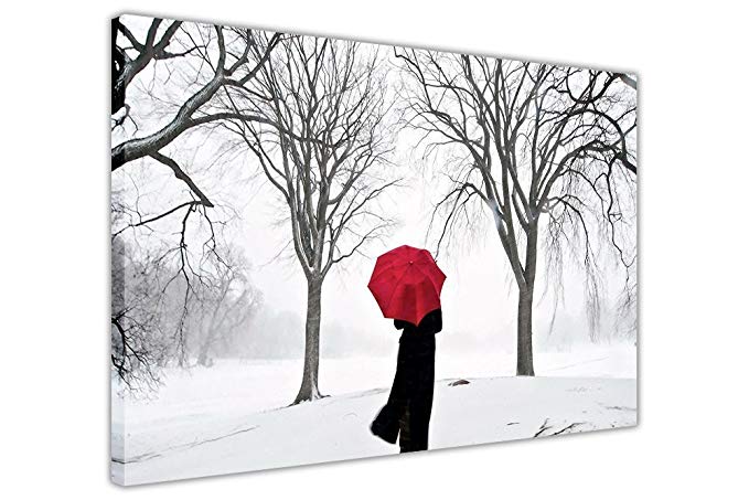 Large Women with Red Umbrella In the Snow Painting Modern Canvas Prints Artwork Snow Landscape Painting Stretched and Framed Canvas Wall Art for Home Decorations Wall Decor (WOOD FRAME, 32X48)